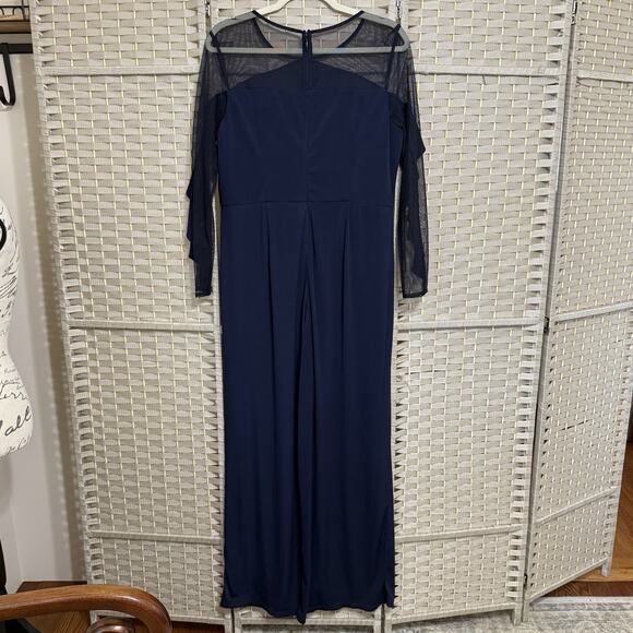 R&M Richards Ruffled Illusion Formal Jumpsuit Size 14P Petite Navy Mesh Sleeve - Picture 3 of 12